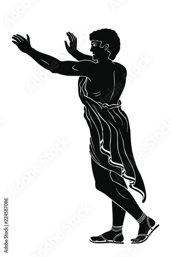 Ancient Greek man puts his arms up. Isolated figure on a white background.