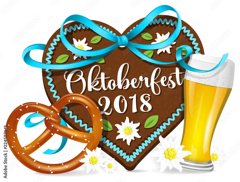 Oktoberfest 2018 Lebkuchen Herz mit Brezel und Bier isoliert Stock