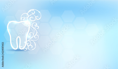 Beautiful dental background, tooth symbol with white abstract swirly flower on a delicate clean blue background