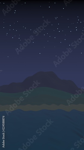 Starry moonless sky. Ocean shore line with waves on a beach. Island beach paradise with waves. Vacation  summer  relaxation. Seascape  seashore. Minimalist landscape  primitivism. 3D illustration