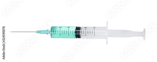 Plastic syringe with medicament on white background. Medical care photo