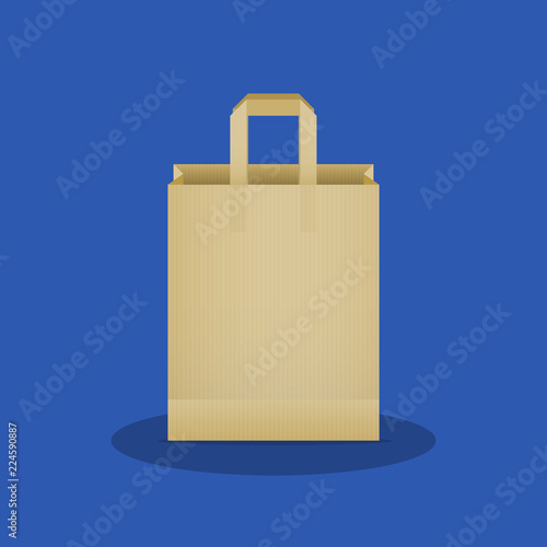 Shopping bag. Kraft brown paper bag. Blue background. Vector illustration, flat design