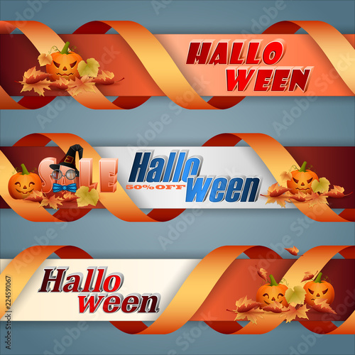 Set of web banners, design background with 3d texts, jack o' lantern and witch's hat for Halloween,celebration and sales, commercial events; Vector illustration