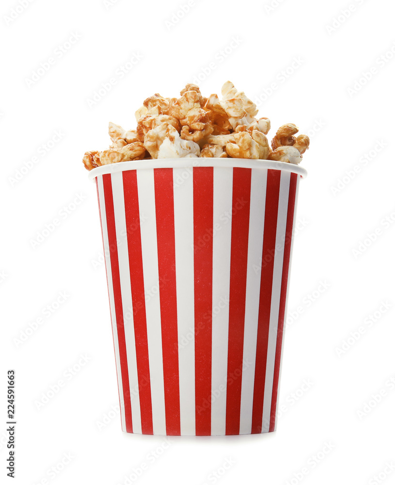Carton cup with delicious fresh popcorn on white background Carton cup with delicious fresh popcorn on white background