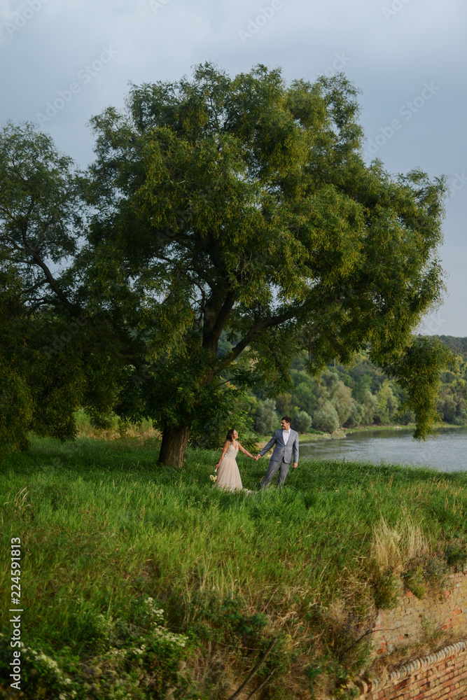 Happy just married couple standing in field and holding hands. Enjoying their special day.