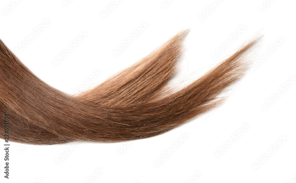 Fototapeta premium Locks of healthy brown hair on white background