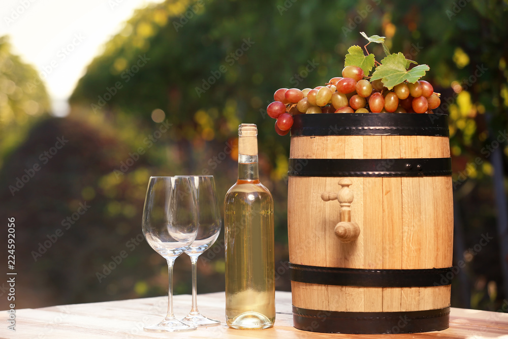 Composition with wine and ripe grapes on table outdoors. Space for text