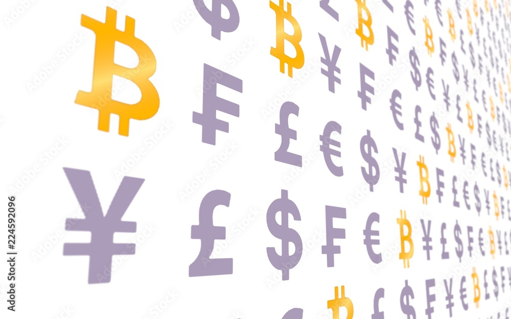 Bitcoin and currency on a white background. Digital Cryptocurrency symbol. Business concept. Market Display. 3D illustration Bitcoin and currency on a white background. Digital Cryptocurrency symbol. Business concept. Market Display. 3D illustration