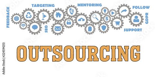 OUTSOURCING Gears mechanism Hi tech web concept. Tags and icons cloud  © Renat