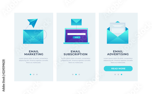 Modern interface for e-mailing. Template for smartphone or Mobile Apps. Mail envelopes and open laptop on blue background. Modern interface UI, UX and GUI Screens.  Flat vector illustration.