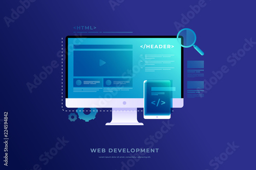 Concept of web development, programming and coding. Elements of interface and video player window on monitor screen. Development of applications for electronic and mobile devices. Vector illustration.
