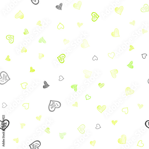 Fototapeta Naklejka Na Ścianę i Meble -  Light Green, Yellow vector seamless template with doodle hearts.