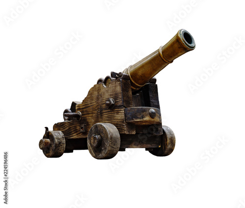 Ancient wheeled cast iron cannon isolated on white background