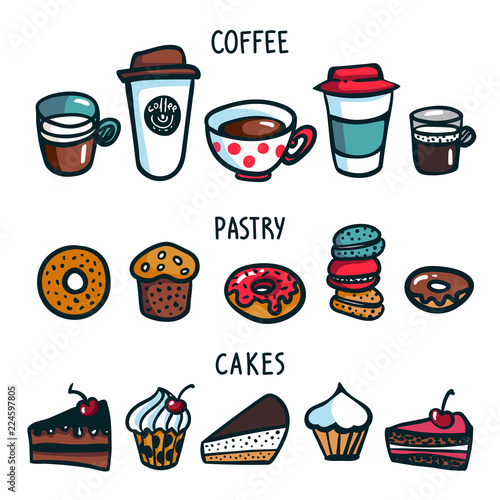 Coffee set. Colorful doodle style set of objects on coffee theme. Coffee cups...
