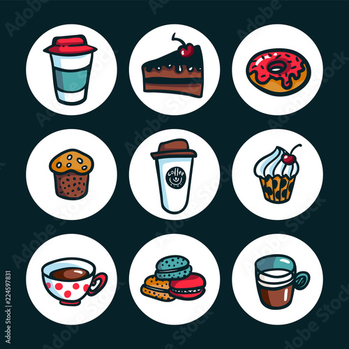 Coffee set. Colorful doodle style cartoon set of objects on coffee theme. Cof...