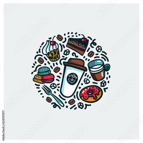 Coffee and cake concept. Colorful doodle style cartoon objects on coffee them...