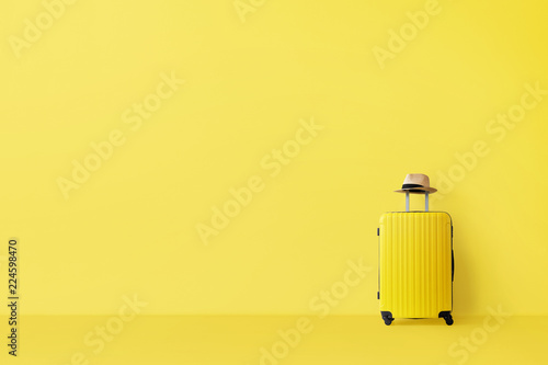 Ready to go, travel concept. Single suitcase in empty yellow room with copy space