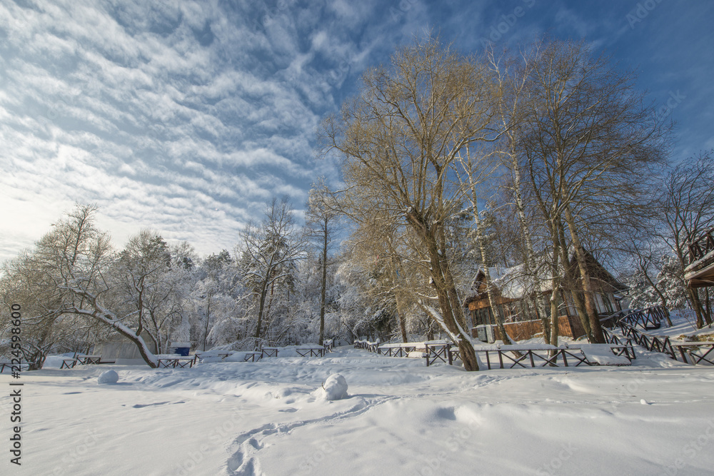 Snow-covered landscape with trees and blue sky, Russian winter. Snow-covered landscape with trees and blue sky, Russian winter.
