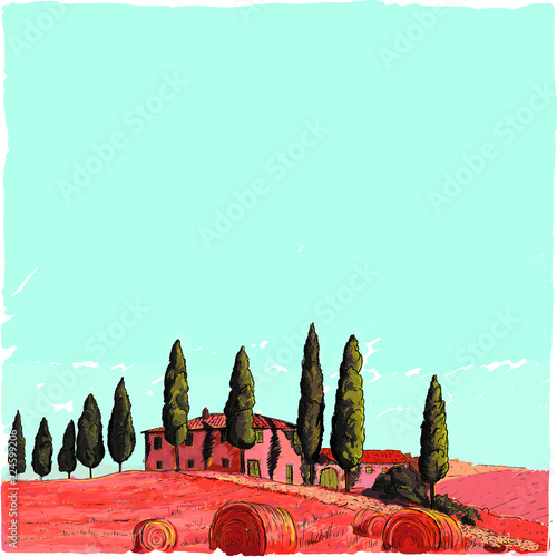 Mediterranean landscape. Autumn Tuscan landscape with a manor, fields and cypresses.Sqare.
