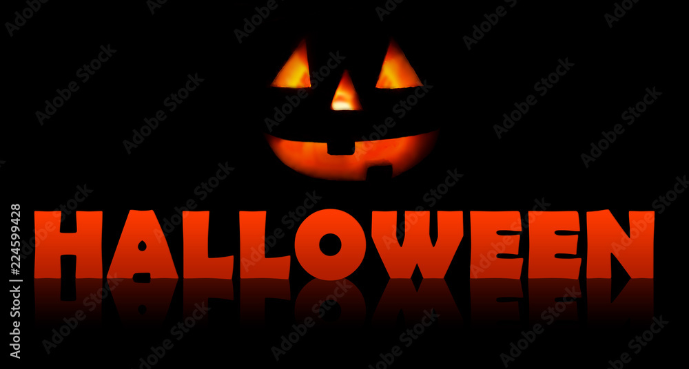 Head of a glowing pumpkin and text on a black abstract background. Happy Halloween Background. Neon light Head of a glowing pumpkin and text on a black abstract background. Happy Halloween Background. Neon light