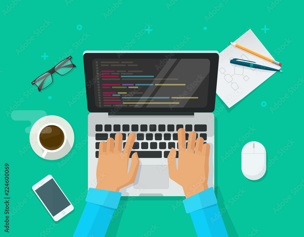 Programmer coding on laptop computer on work desk vector illustration ...