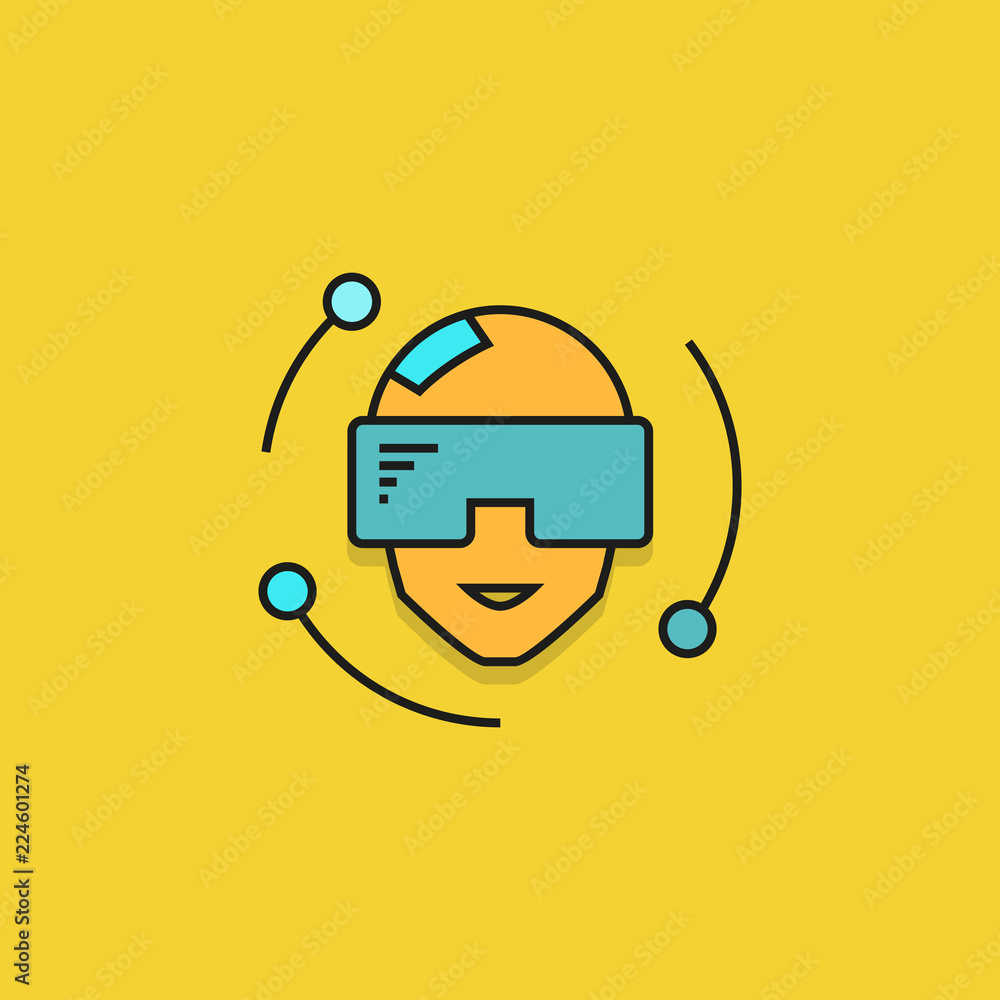 man wearing virtual reality goggle icon on yellow background man wearing virtual reality goggle icon on yellow background