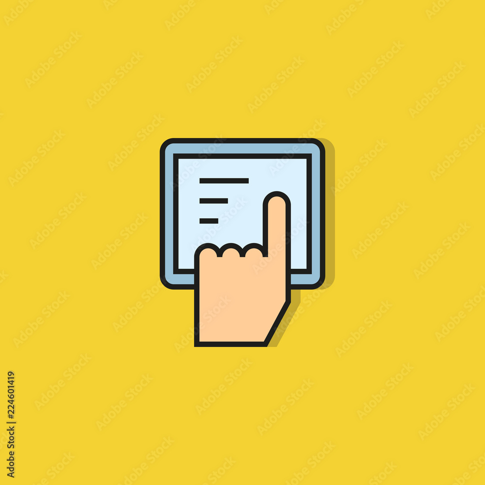 finger touching on tablet icon on yellow background finger touching on tablet icon on yellow background