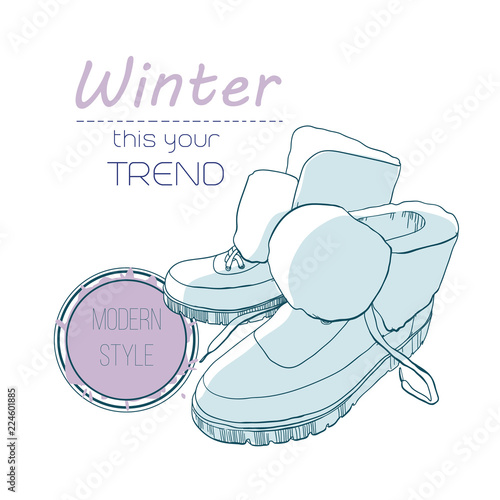 boots shoes for winter. Poster Retro style. Design flyer with vintage hand-drawn illustrations.