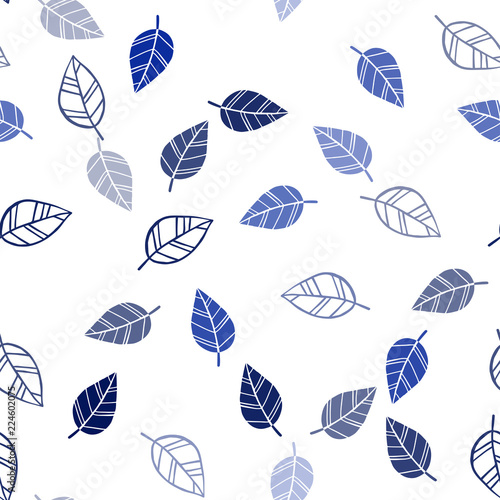 Dark BLUE vector seamless doodle backdrop with leaves.