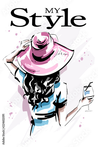 Hand drawn beautiful young woman in hat. Stylish elegant girl holding a glass. Fashion woman back. Sketch.