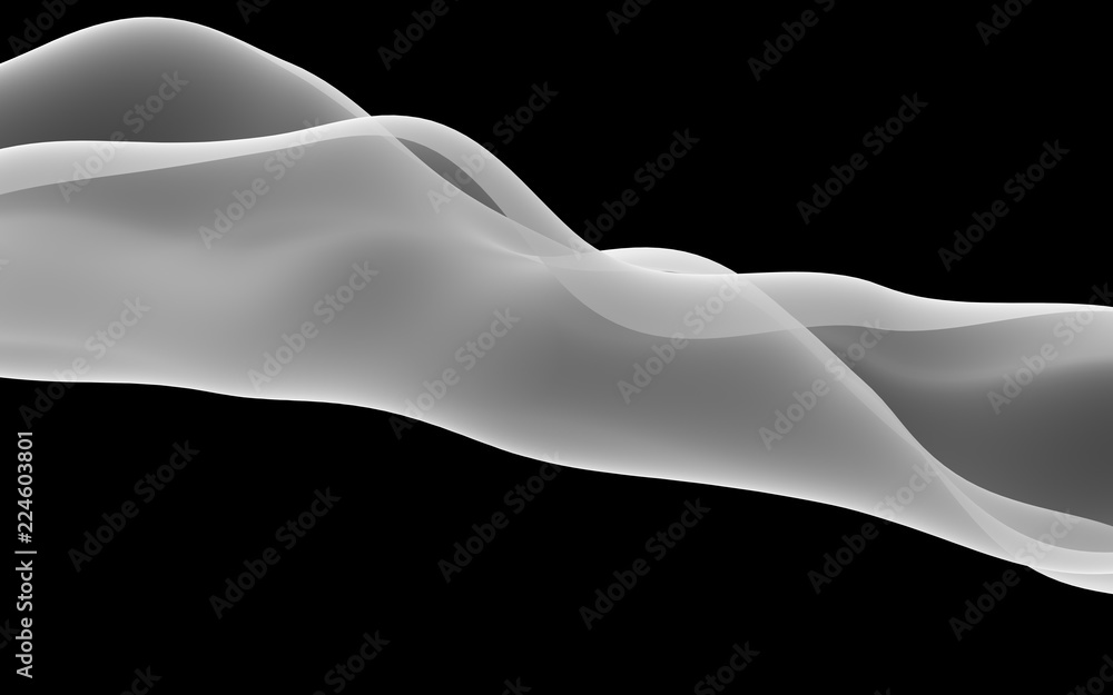 Naklejka Abstract white wave. Bright white ribbon on black background. White scarf. Abstract smoke. Raster air background. 3D illustration