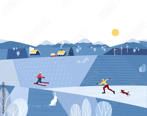 Winter valley landscape. Comic country outdoor cartoon. Minimalism simple style. Winter holiday season sport fun leisure activity in rural community countryside. Vector scene background illustration