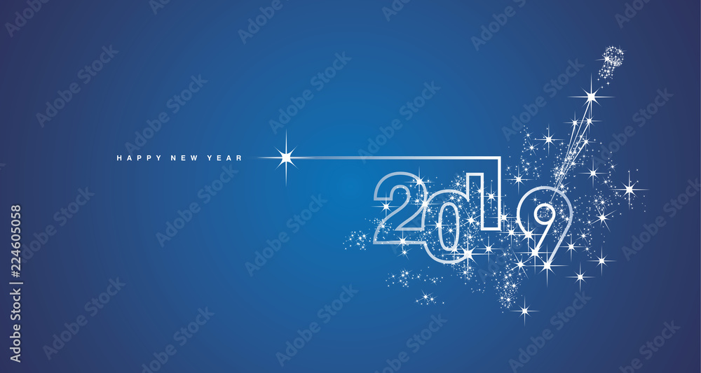Plakat Nowego Roku 2019 linii projekta fajerwerku szampański biały błękitny wektor