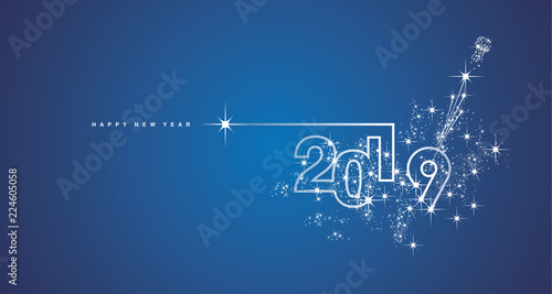 New Year 2019 line design firework champagne white blue vector