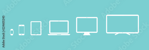 Device Icons: smartwatch, smartphone, tablet, laptop, desktop computer and tv. Turquoise background. Vector illustration, flat design photo