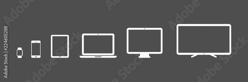 Device Icons: smartwatch, smartphone, tablet, laptop, desktop computer and tv. Black background. Vector illustration, flat design