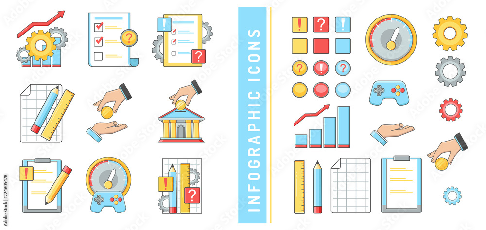 icons infographics business Finance banks audit charts questions answers hands money