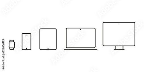 Device Icons: smartwatch, smartphone, tablet, laptop and desktop computer. Vector illustration, flat design