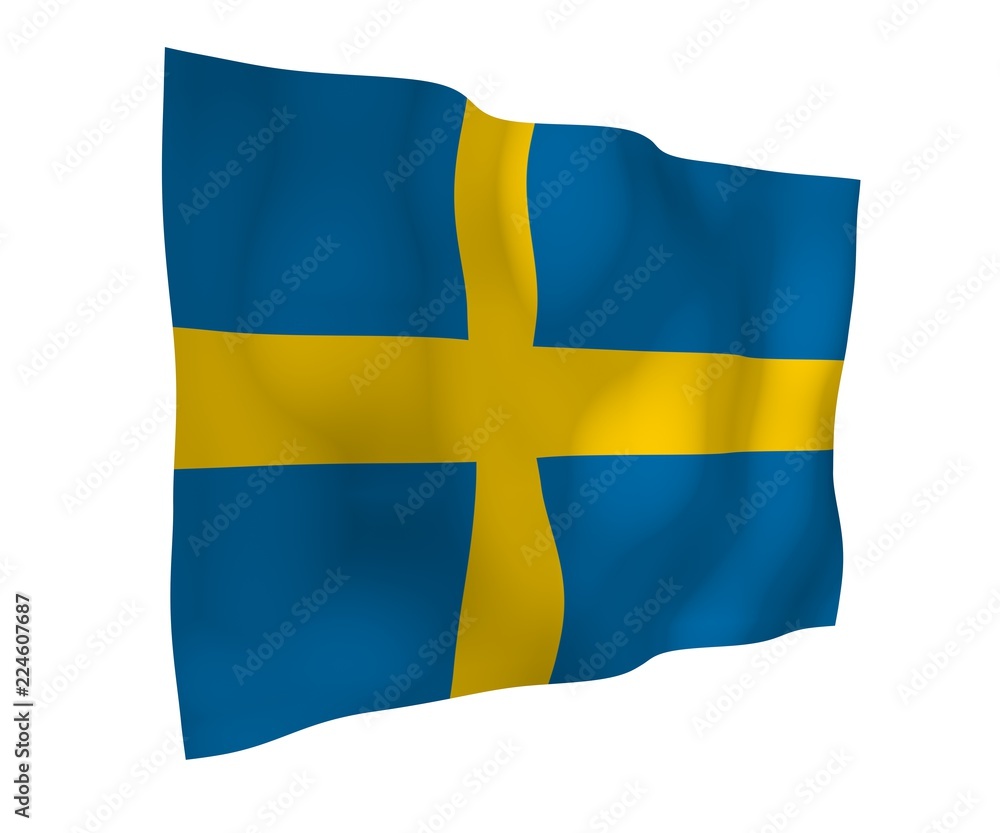 The flag of Sweden. Official state symbol of the Kingdom of Sweden. A blue field with a yellow Scandinavian cross that extends to the edges of the flag. 3d illustration The flag of Sweden. Official state symbol of the Kingdom of Sweden. A blue field with a yellow Scandinavian cross that extends to the edges of the flag. 3d illustration