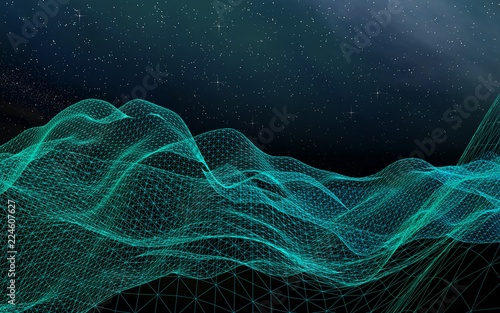 Abstract landscape on a dark background. Cyberspace grid. Hi-tech network. Outer space. Starry outer space texture. 3D illustration