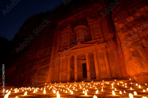 Treasury (Al Khazneh) of Petra Ancient City Illuminated by Candles, Jordan