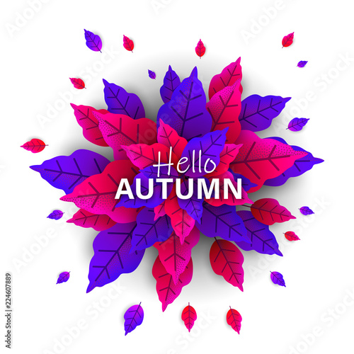 Hello autumn poster with bouquet of color leaves.