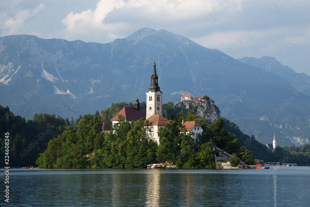 Bled Lake with Church Island and Castle Behind Bled Lake with Church Island and Castle Behind