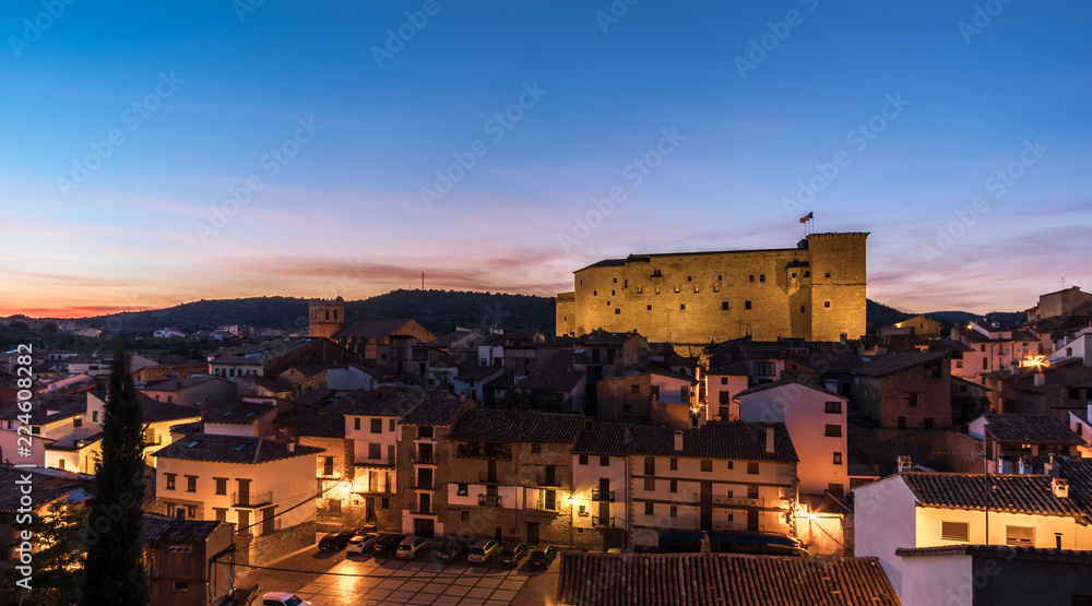 Mora de Rubielos Castle lighting in Teruel Spain Gudar Sierra night view panorama lights