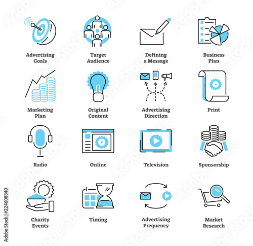 Advertising plan icon collection set. Commercial vector illustration.