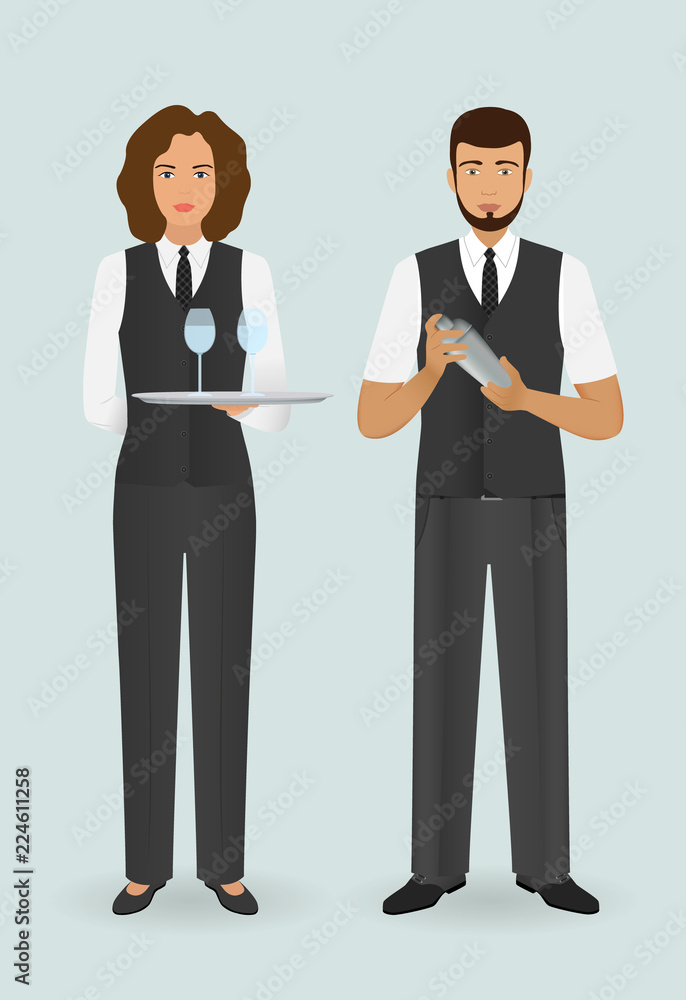 Waitress in uniform and barman standing together. Restaurant people characters. Waitress in uniform and barman standing together. Restaurant people characters.