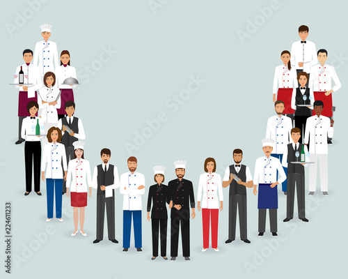 Restaurant team. Group chef, cooks, waiters, bartenders standing together. Food service staff.