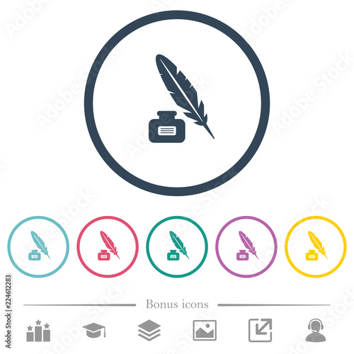 Feather and ink bottle with label flat color icons in round outlines