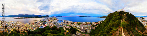 Aerial view of Alesund, Norway at sunrise.