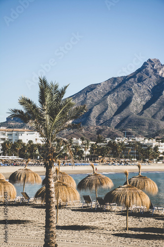 Puerto Banus beach, mountain and sea view, Marbella, Costa del Sol, Spain